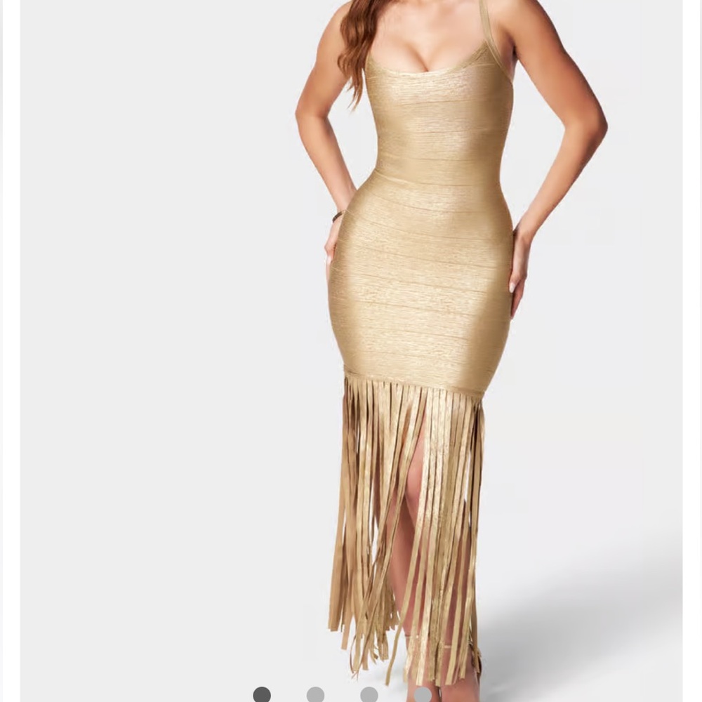 Bebe Gold Fringe Bandage Dress